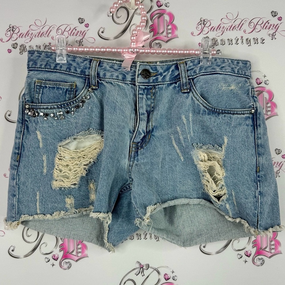 Being human Blue Distressed Jean Shorts with Rhinestones studded embellishments